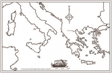 Map of the central Mediterranean and the Aegean Sea, with the locations of Troy, Mount Olympus and Sparta marked on it.