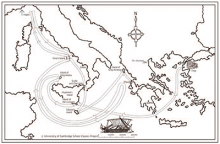 Map of the central Mediterranean and the Aegean Sea, with a line showing Odysseus' conjectured route from Troy to Ithaca, via the Islands of Circe, Calypso, Alcinous and more.