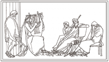 Line drawing of Demodocus playing a lyre and telling the story of the Trojan War for King Alcinous and Odysseus. Odysseus, seated far right, weeps in response.
