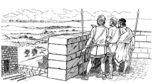 Line drawing of soldiers looking out from the city walls towards a fleet of ships arriving.