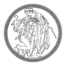 Line drawing of Peleus and Thetis surrounded by a circular Greek key border.