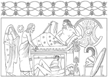 Line drawing of Priam and Polyxena begging for the return of Hector's body, which lies beneath the couch on which Achilles is reclining.