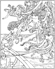 Black and white illustration of the Scylla attacking Odysseus' ship and crew. Each of the monster's heads has a human face with tentacles emerging from the cheeks. Three crew members have already been grabbed from the rowing benches.