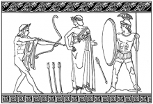 Line drawing of Paris, naked, firing an arrow towards the armoured Achilles. The arrow passes by Apollo, who directs it towards the ankle of the hero.