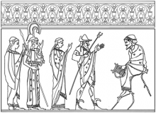 Line drawing of Paris judging the three goddesses: Hera, Athena and Aphrodite. Hermes is also present, holding a staff and approaching Paris.