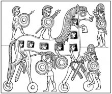 Line drawing of the Trojan horse, filled with Greeks, advancing on the Trojans