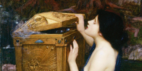 Painting of Pandora, kneeling, opening a golden box.